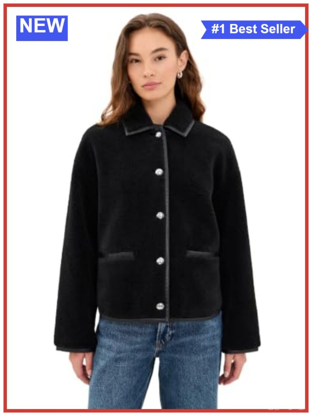 Mid-Weight Sherpa Jacket Faux Leather Trim Button Placket Casual